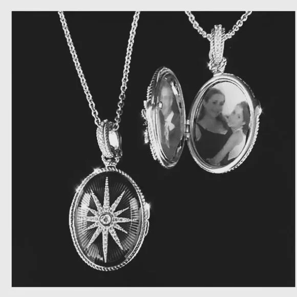 Judith Ripka Sterling Necklace Purple Guilloche Enamel Star Locket 36" Chain - Picture 4 of 5